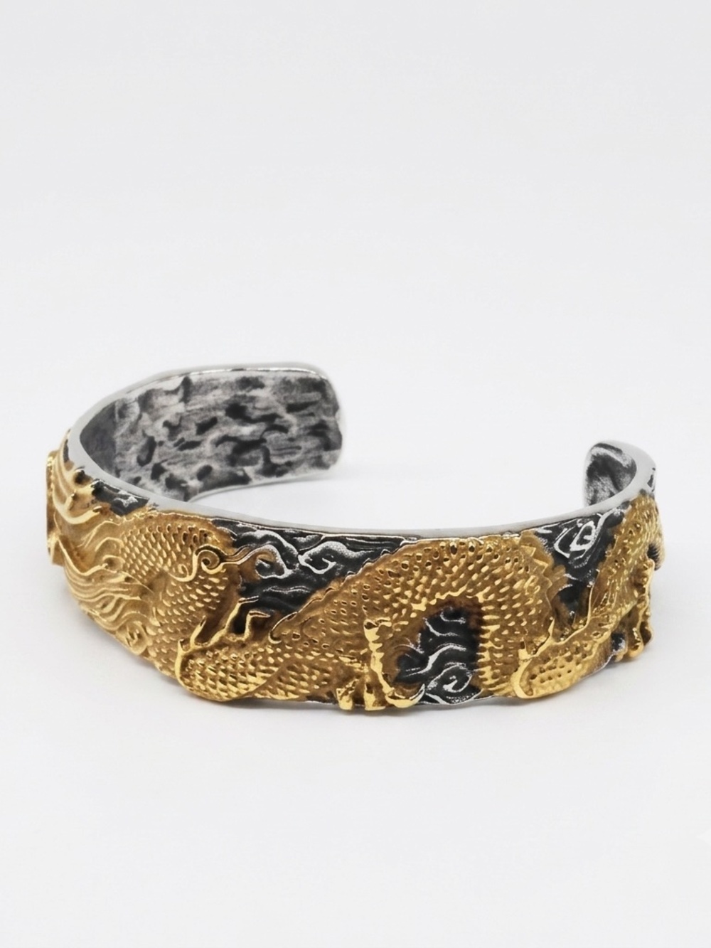 Stainless Steel Eastern Dragon Cuff Bracelet — Men's, Gold & Black